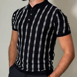 Zwarte Gebreide Polo met Patroon en Korte Mouwen – Slim Fit & Comfortabel